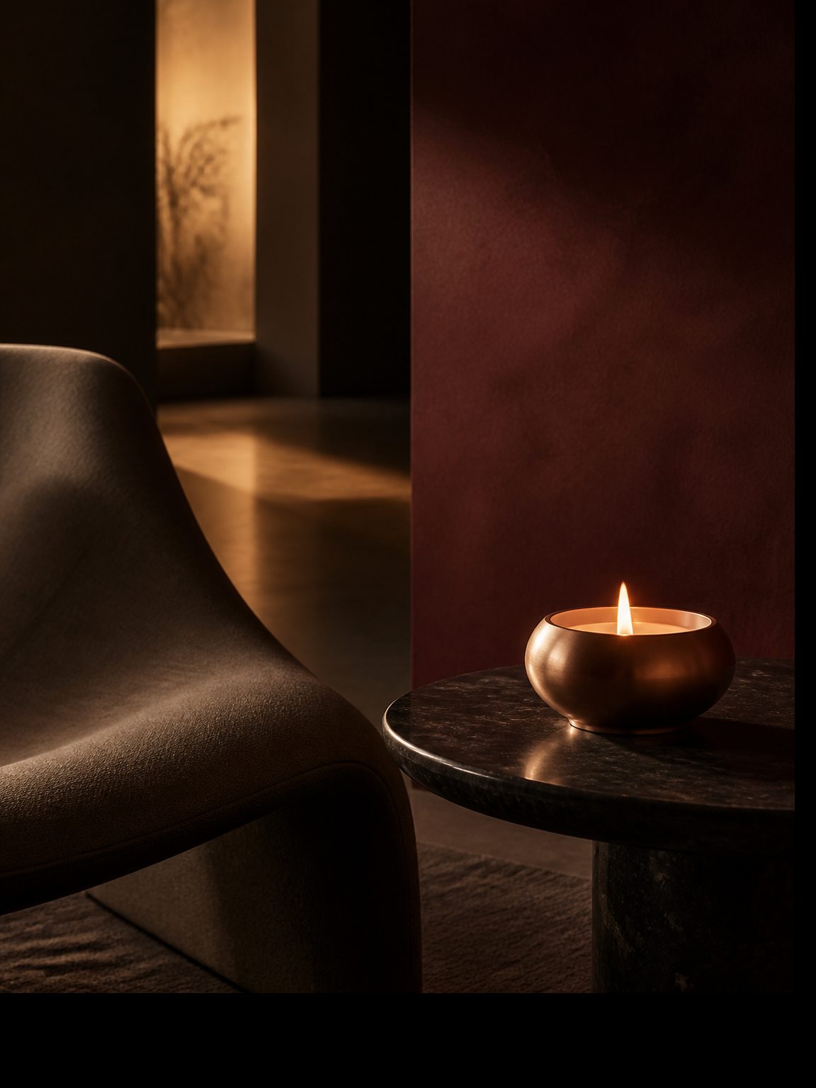 A softly lit interior with a candle on a dark stone table.